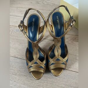 Gold and Blue Suede T bar Platform sandals